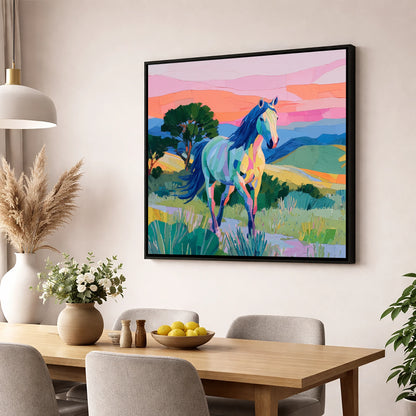The Vivid Stride horse breed wall art displayed in a dining room