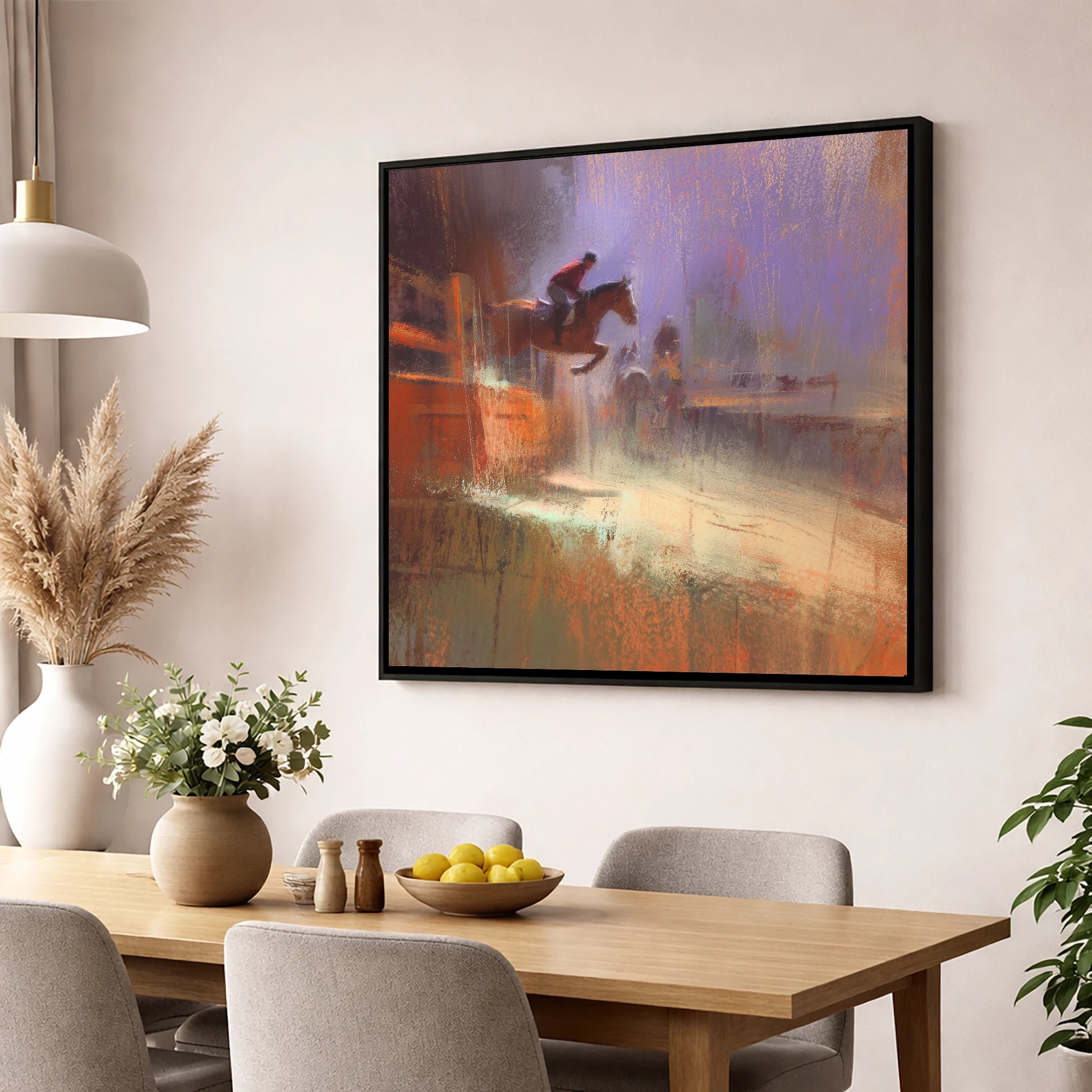 Violet And Sienna Ascent show jumping horse wall art displayed in a dining room