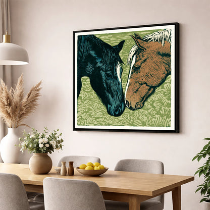 Gentle Greeting horse portrait wall art displayed in a dining room