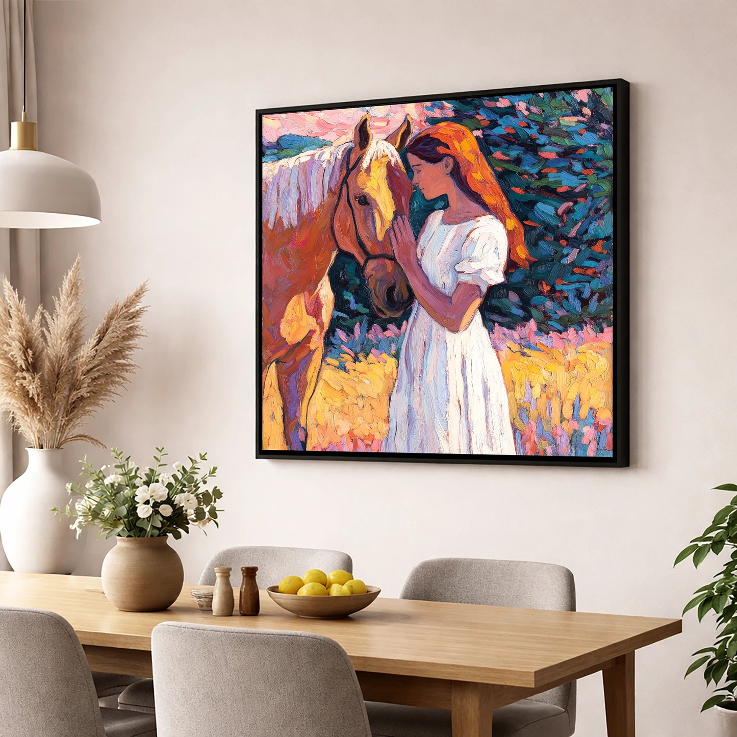 A Quiet Connection horse & rider wall art displayed in a dining room