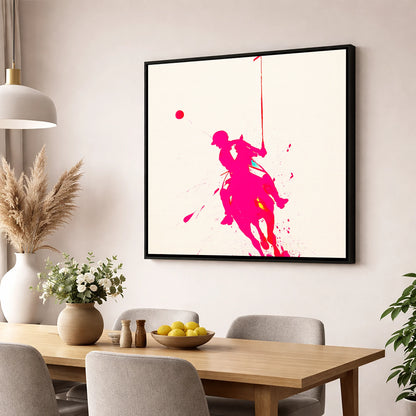 Vivid Polo Strike polo horse wall art displayed in a dining room