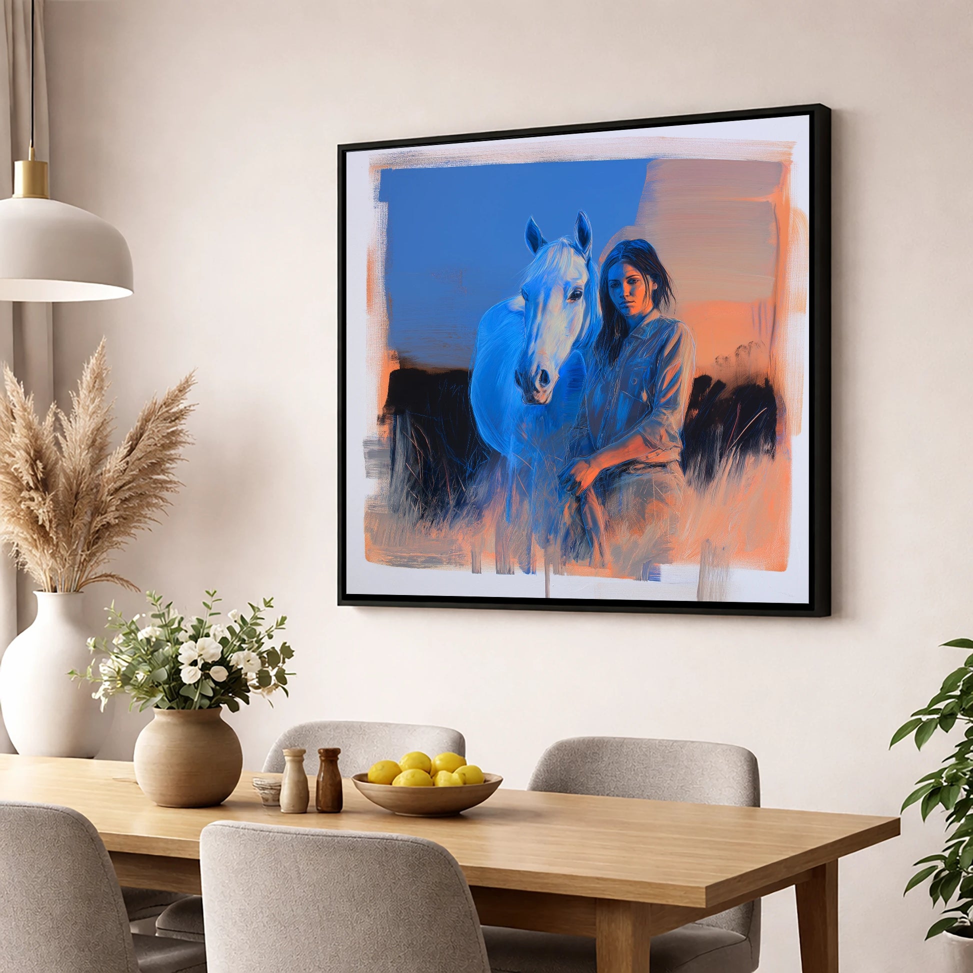The Silent Connection horse & rider wall art displayed in a dining room