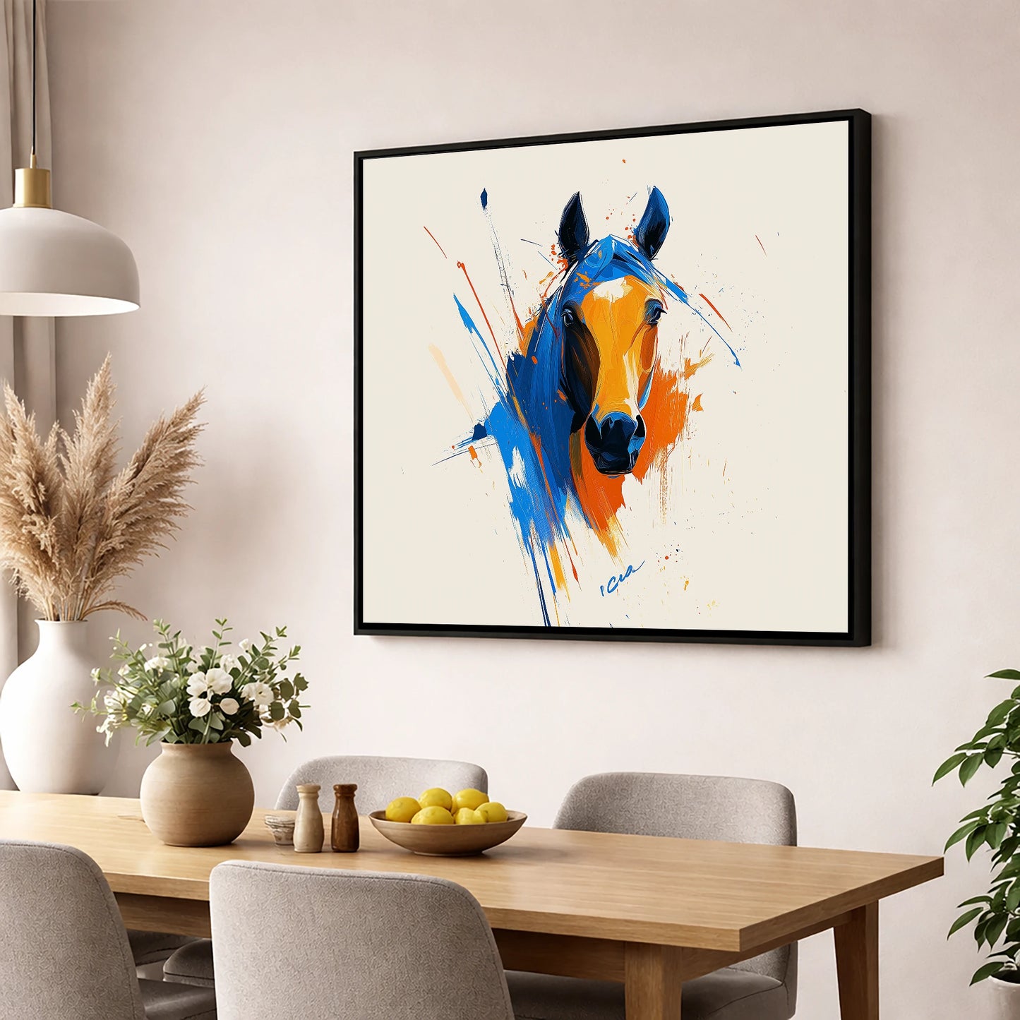 Indigo and Fire horse portrait wall art displayed in a dining room