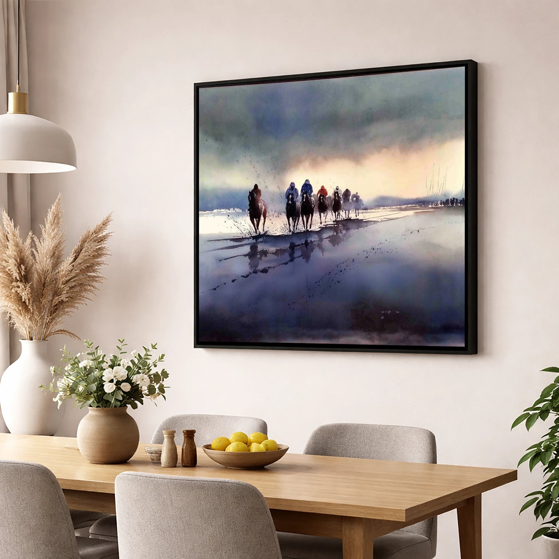 Morning Beach Gallops racing horse wall art displayed in a dining room