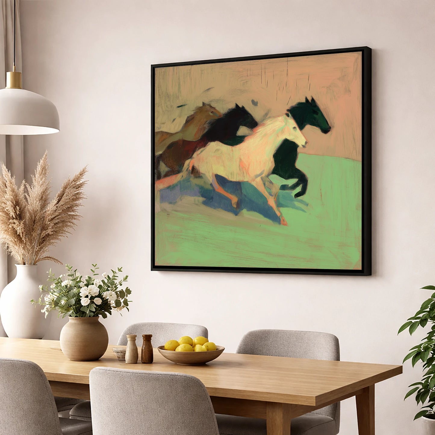 Ethereal Gallop wild horses wall art displayed in a dining room