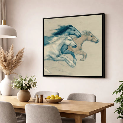 Azure Equine Trio wild horses wall art displayed in a dining room