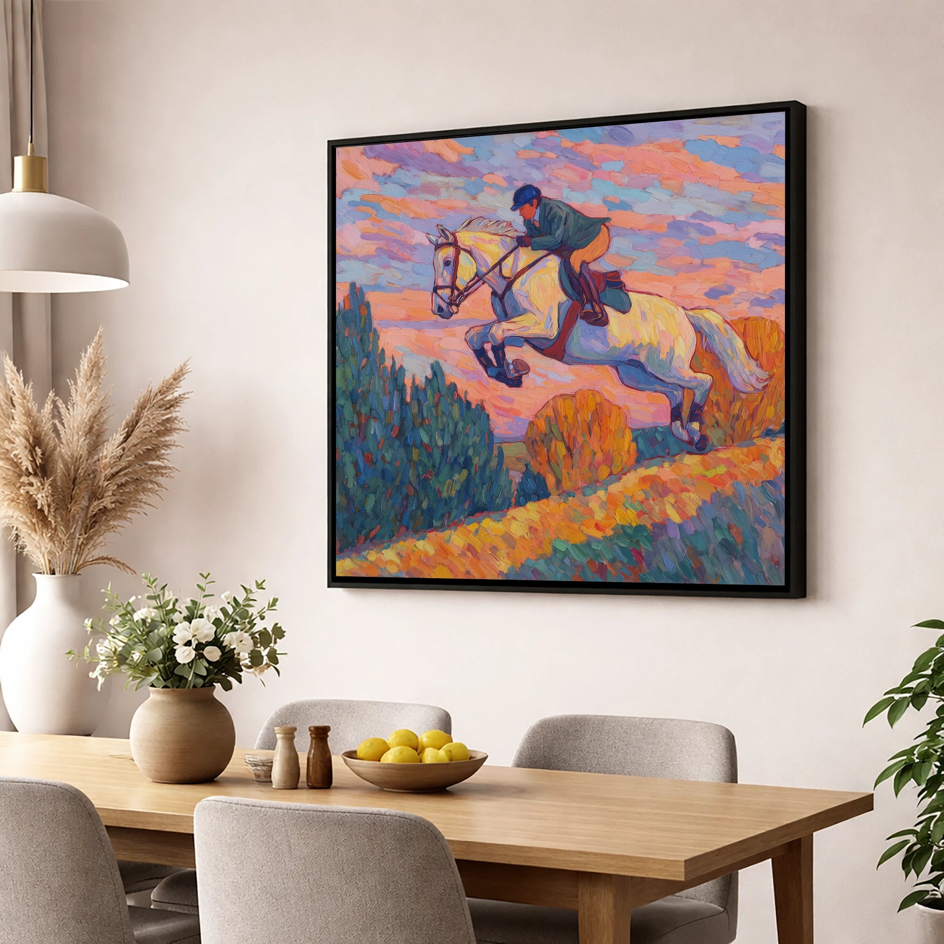 Airborne at Dusk show jumping horse wall art displayed in a dining room