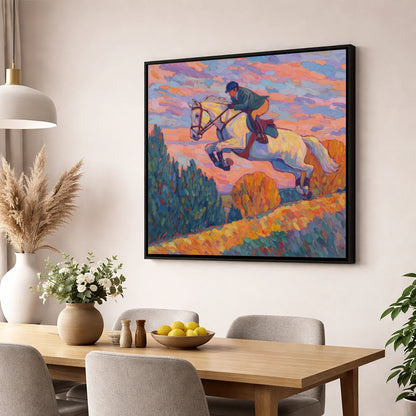 Airborne at Dusk show jumping horse wall art displayed in a dining room