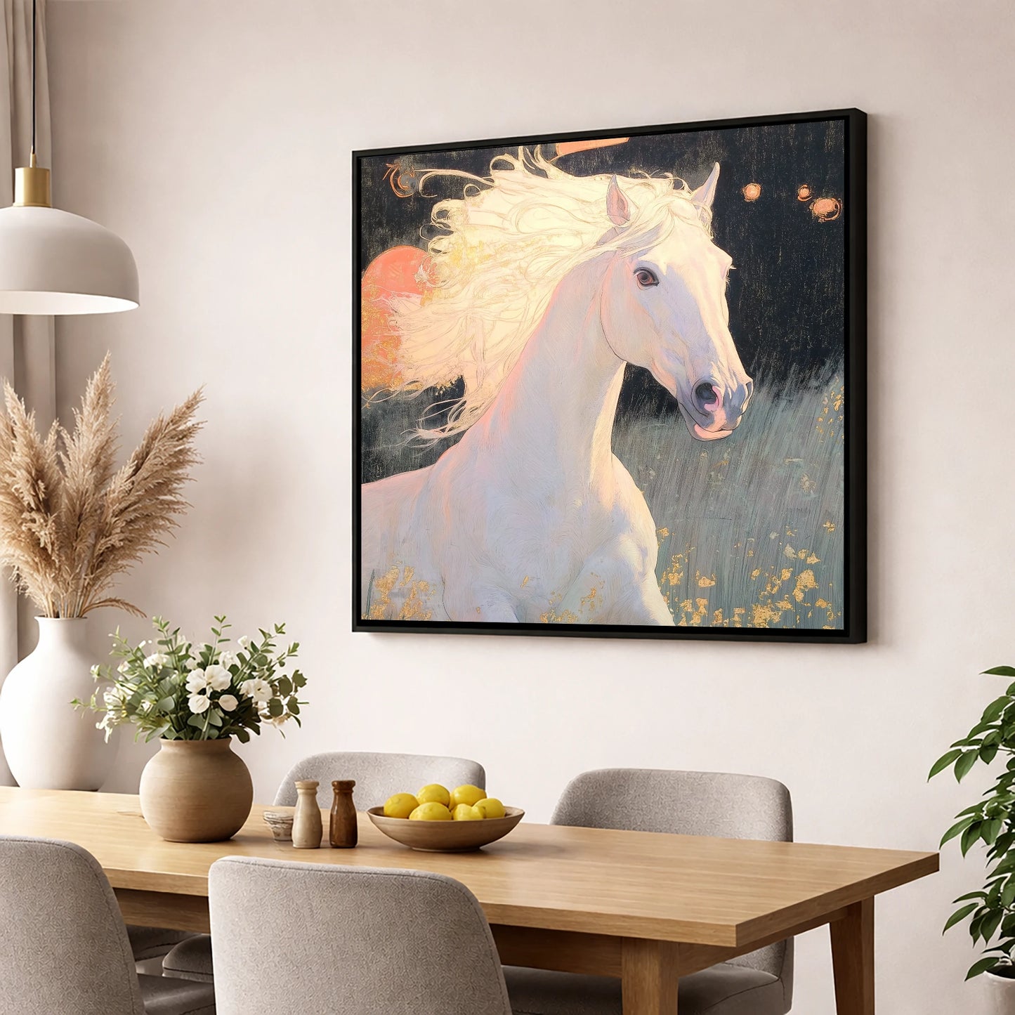 Celestial Grey horse portrait wall art displayed in a dining room