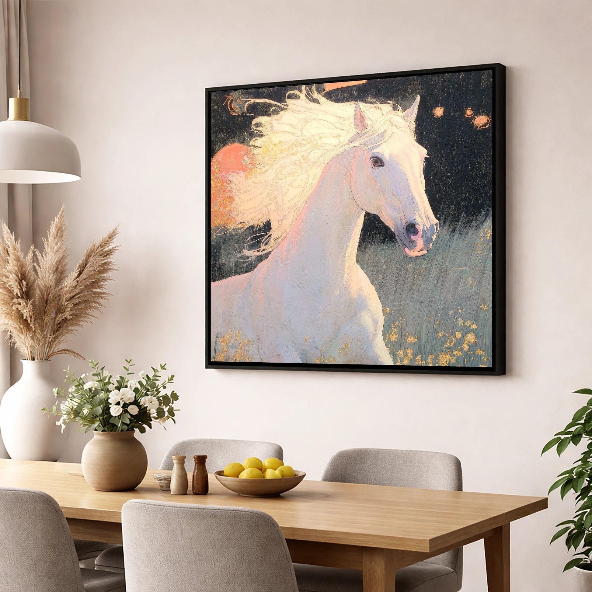 Celestial Grey horse portrait wall art displayed in a dining room