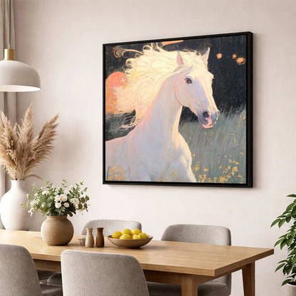 Celestial Grey horse portrait wall art displayed in a dining room
