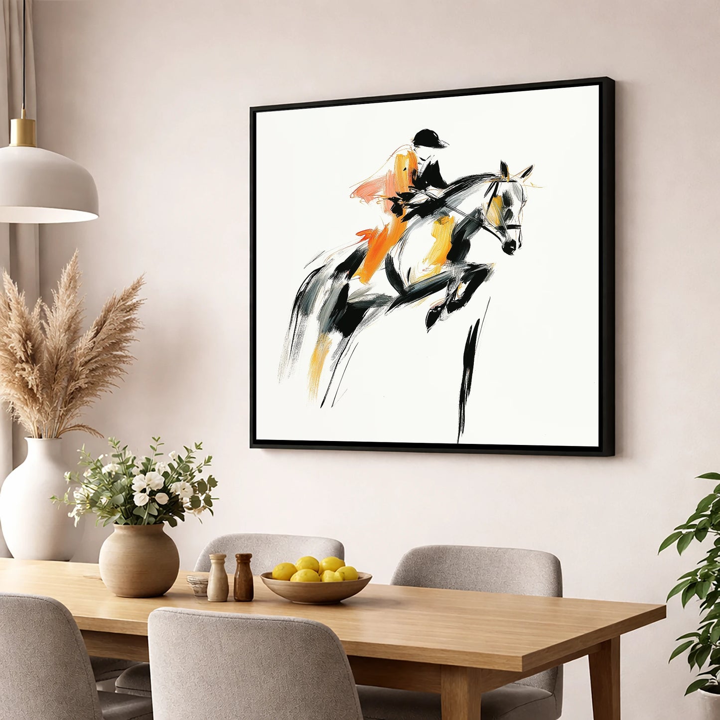 Amber Ascent show jumping horse wall art displayed in a dining room