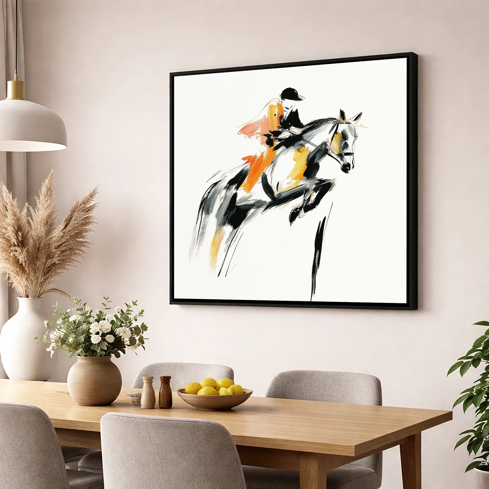 Amber Ascent show jumping horse wall art displayed in a dining room