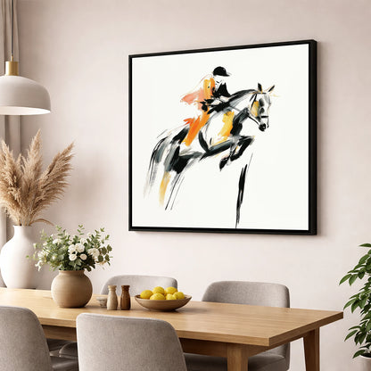 Amber Ascent show jumping horse wall art displayed in a dining room