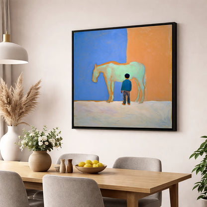 A Silent Understanding horse & rider wall art displayed in a dining room