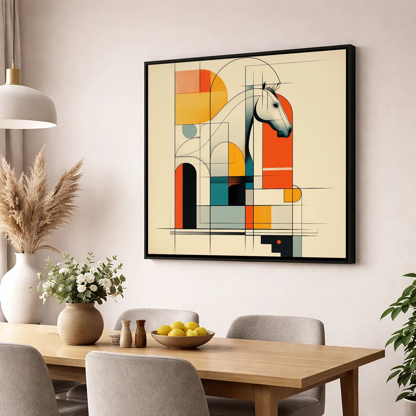 Architectural Equine Profile horse stable wall art displayed in a dining room