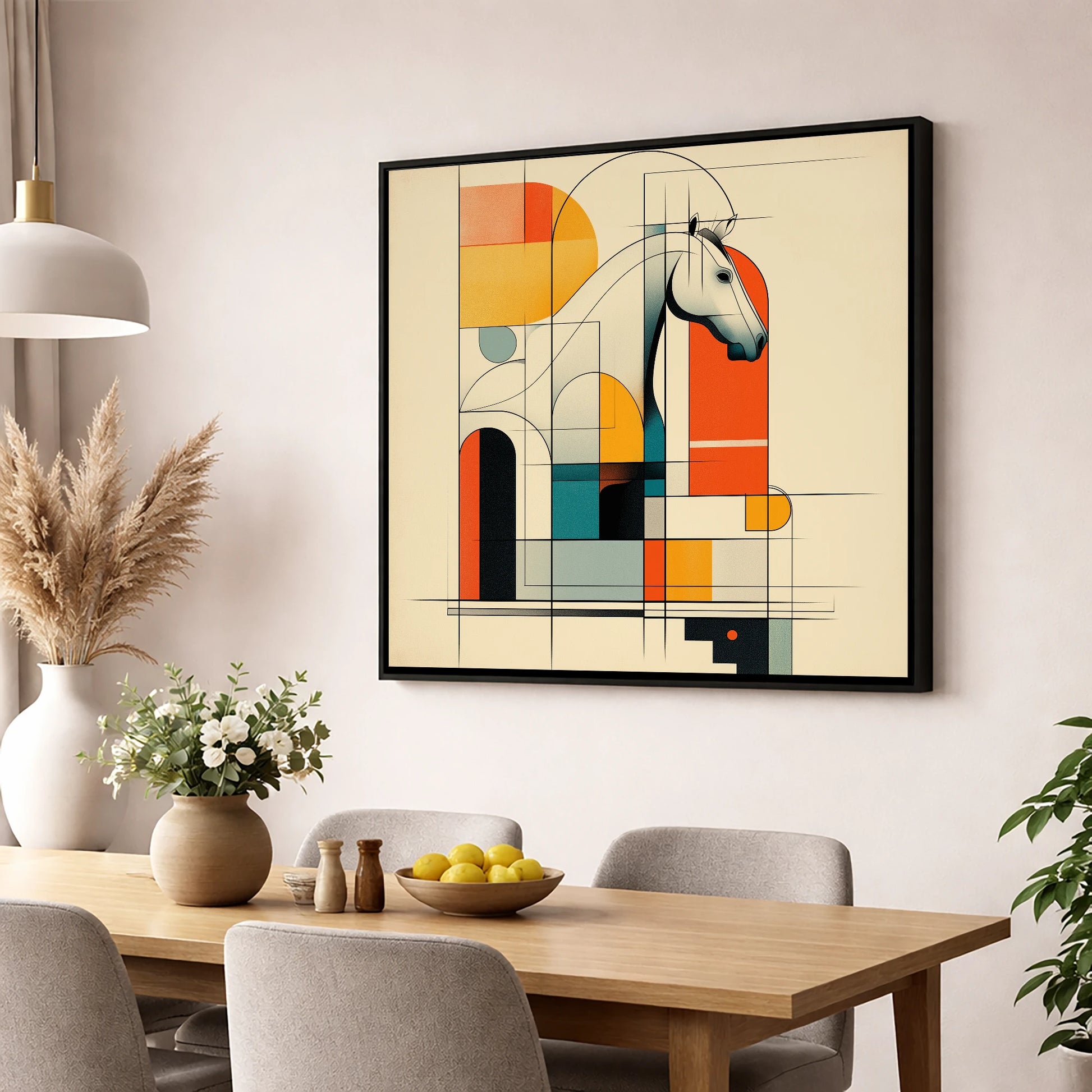 Architectural Equine Profile horse stable wall art displayed in a dining room