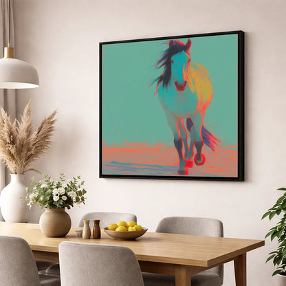 Electric Cyan Stride horse portrait wall art displayed in a dining room