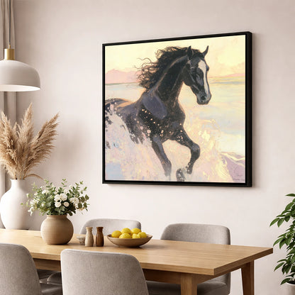 Ethereal Tide wild horses wall art displayed in a dining room
