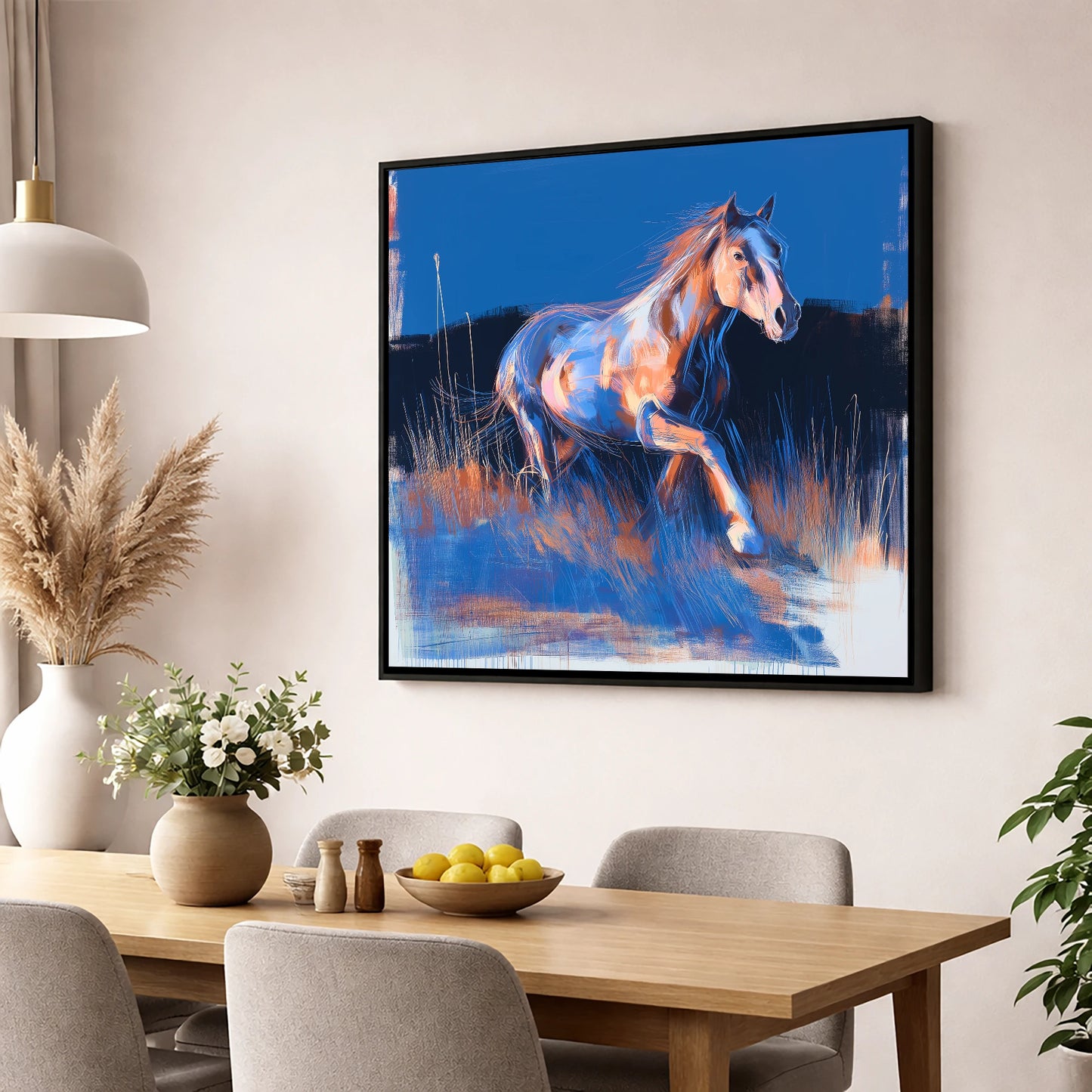 Wanderer in Blue horse landscape wall art displayed in a dining room