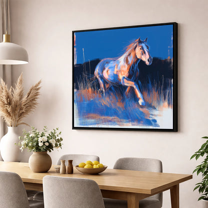 Wanderer in Blue horse landscape wall art displayed in a dining room
