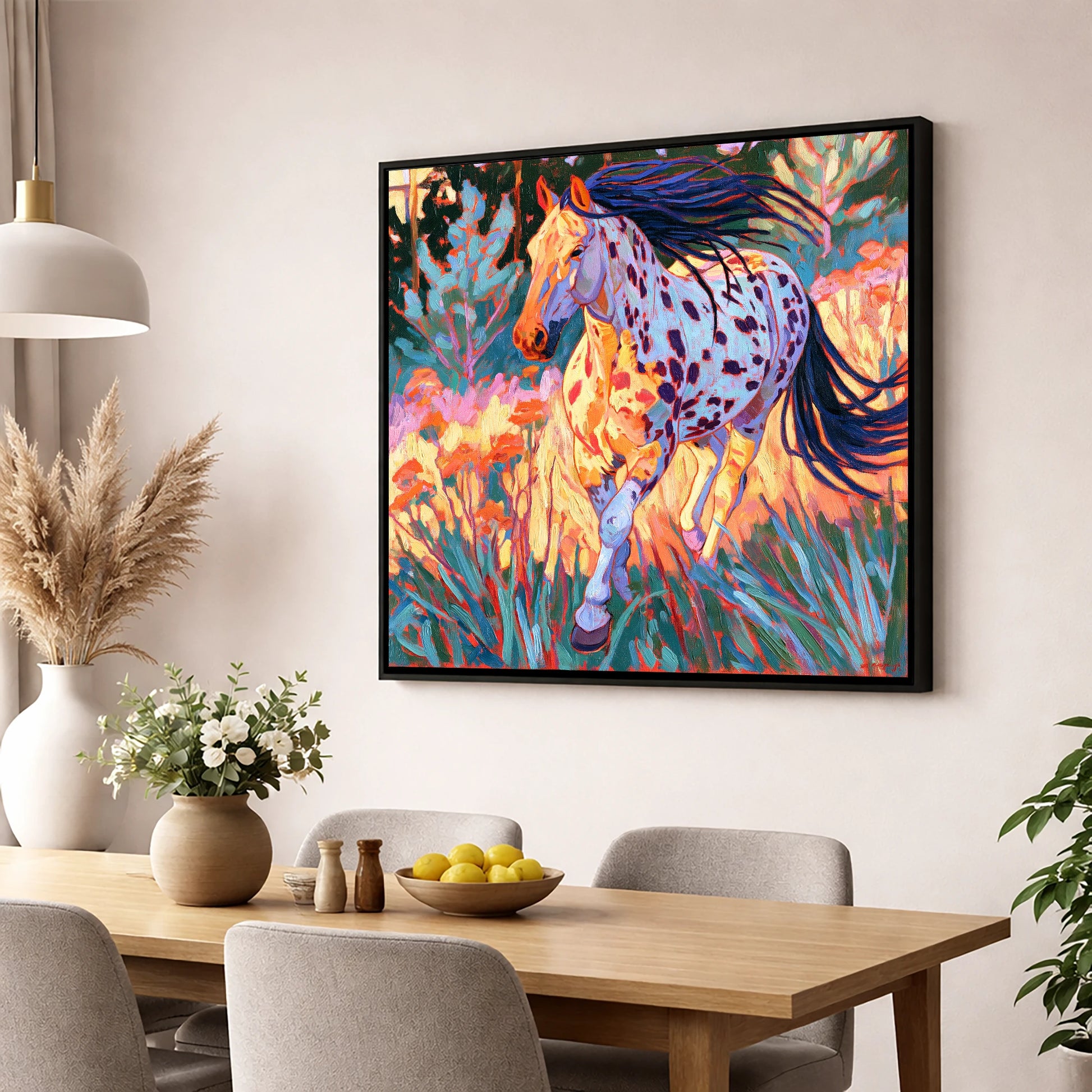 Colourful Appaloosa at Canter horse breed wall art displayed in a dining room