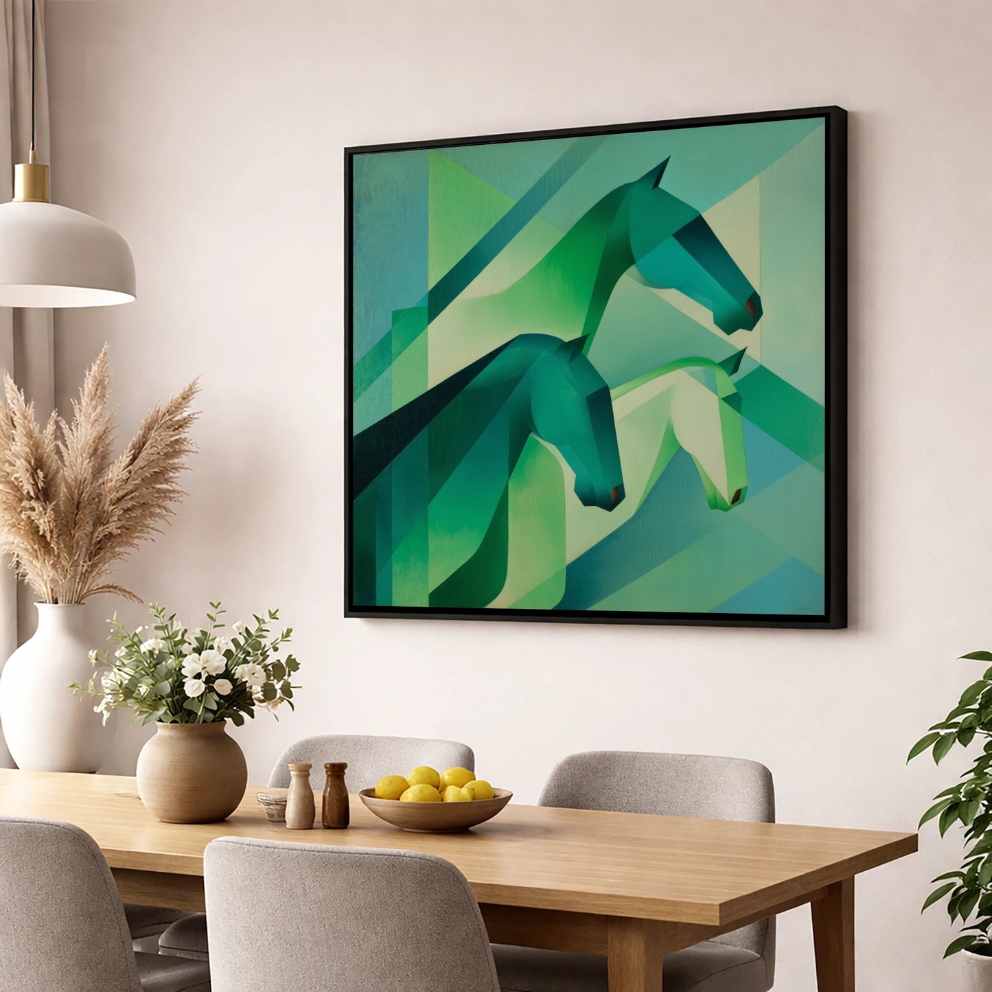 Emerald Equine Rhythms wild horses wall art displayed in a dining room