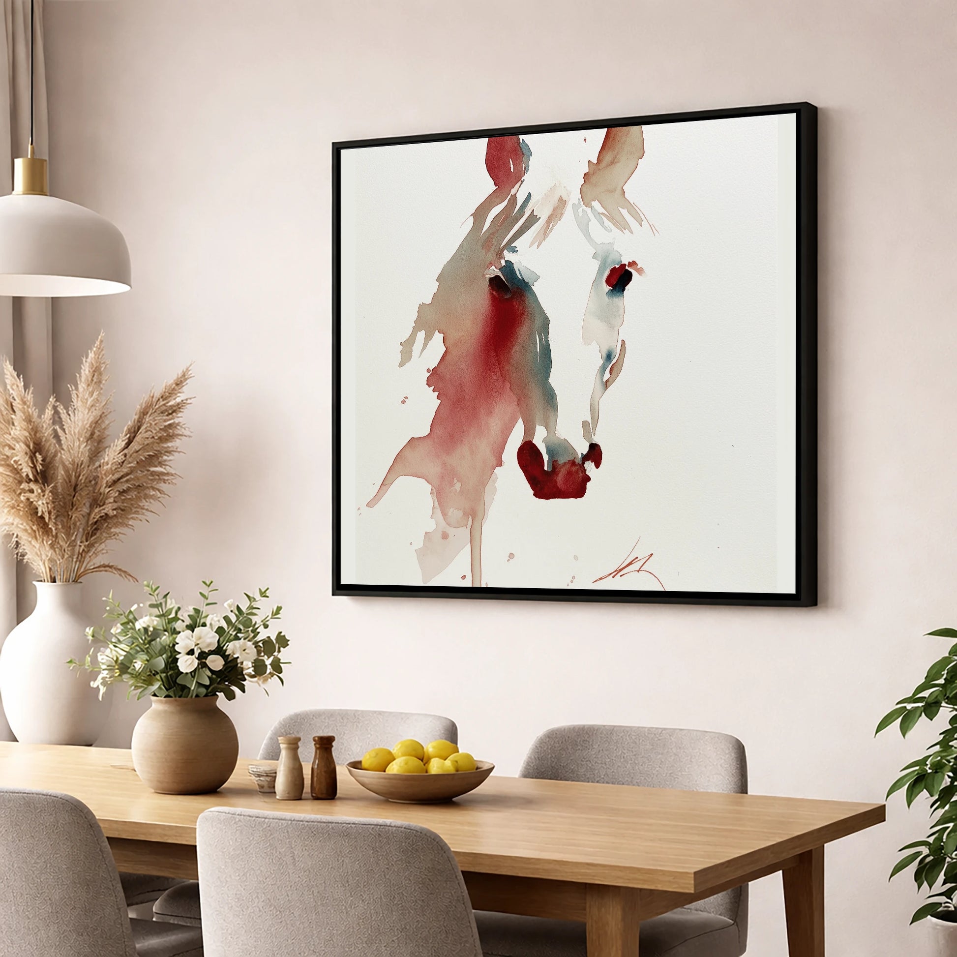 Fluid Crimson Portrait horse portrait wall art displayed in a dining room