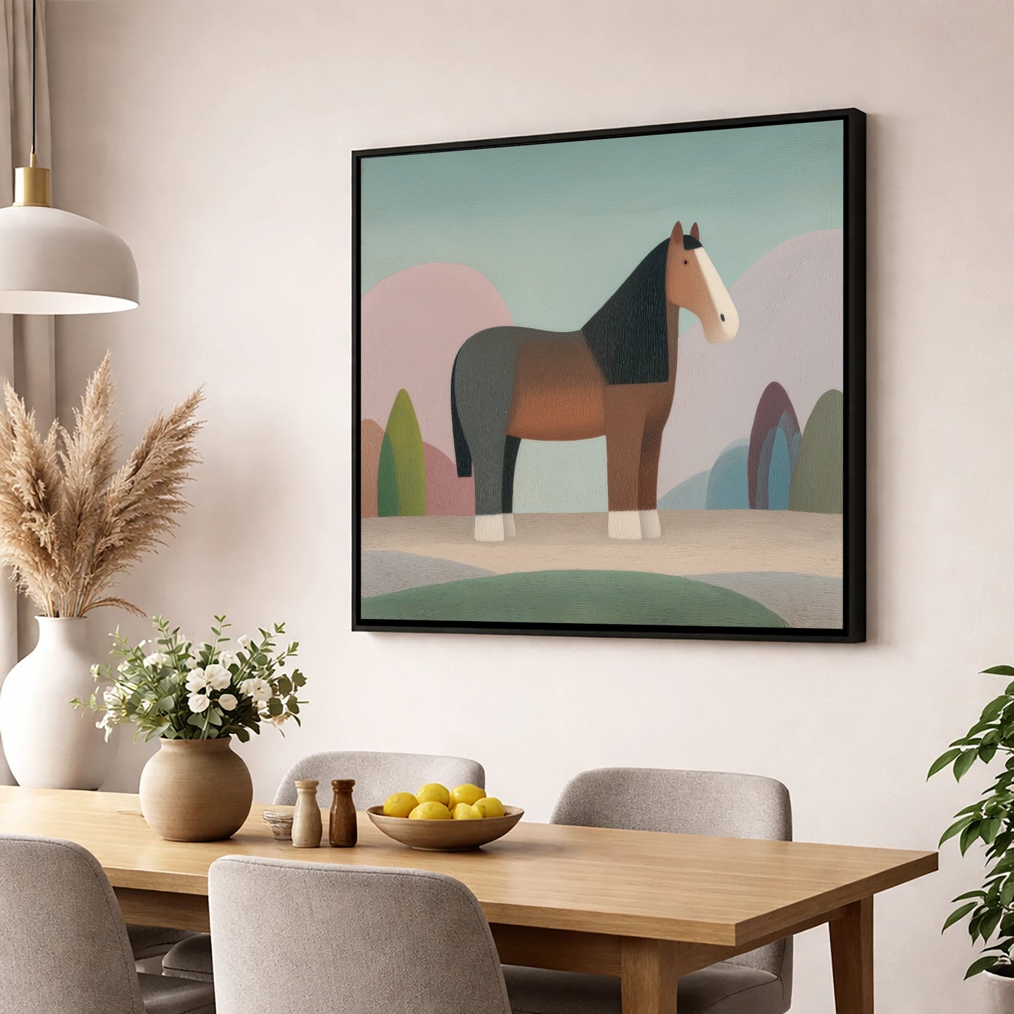 The Patient Cob horse breed wall art displayed in a dining room