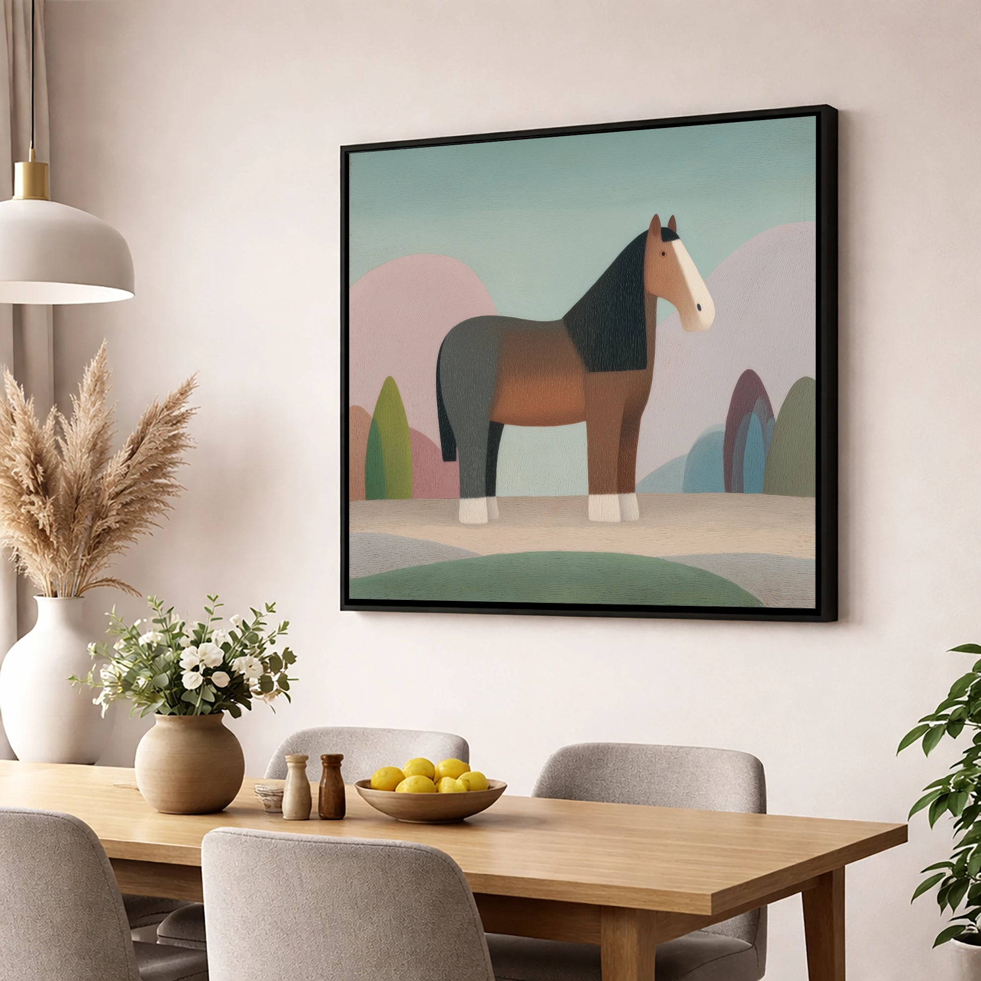 The Patient Cob horse breed wall art displayed in a dining room
