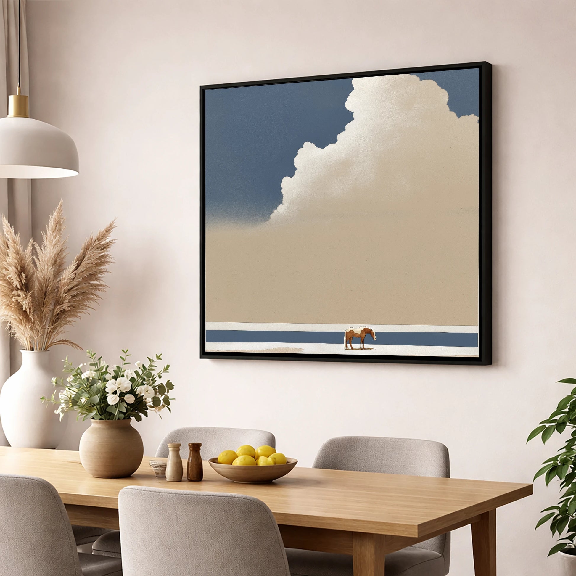 Vast Blue Expanse horse landscape wall art displayed in a dining room