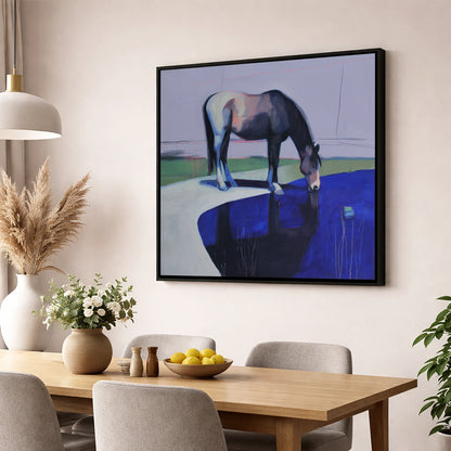 Sapphire Reflection horse landscape wall art displayed in a dining room