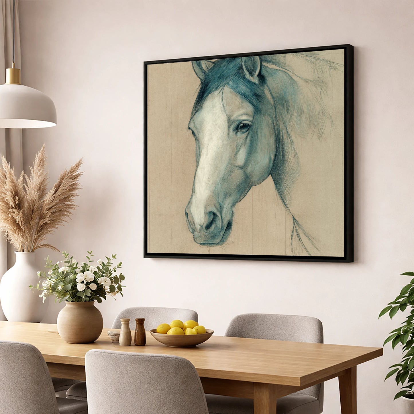 Azure Equine Study horse portrait wall art displayed in a dining room