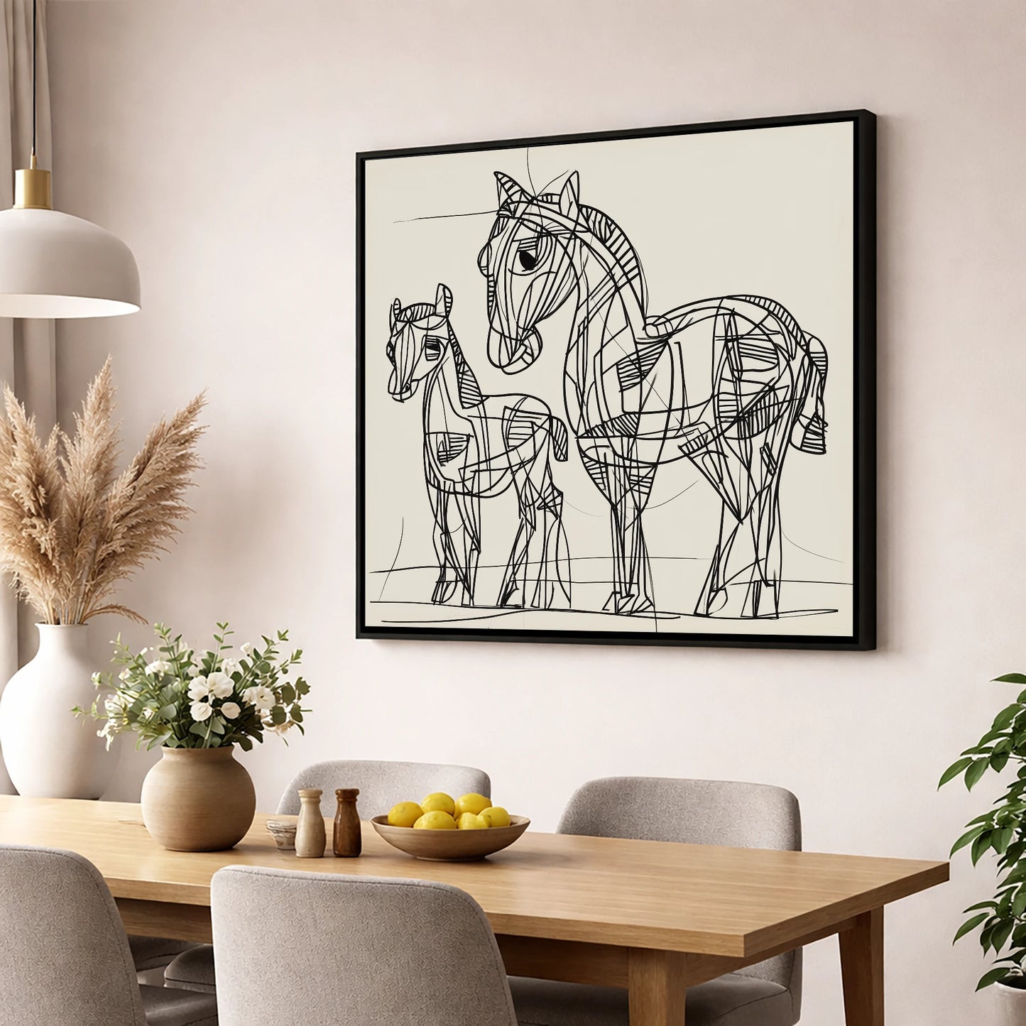 Linear Equine Bond mare & foal wall art displayed in a dining room