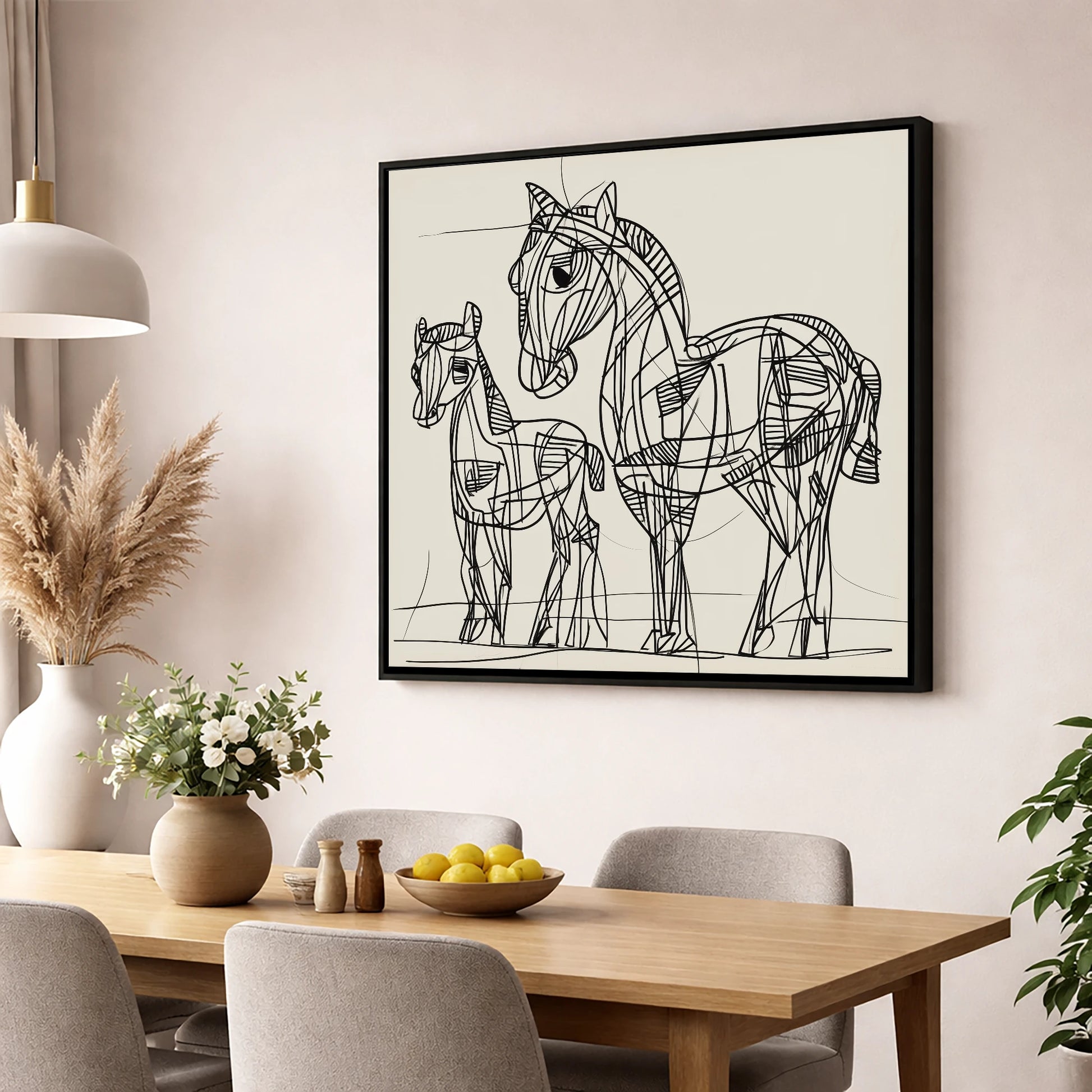 Linear Equine Bond mare & foal wall art displayed in a dining room