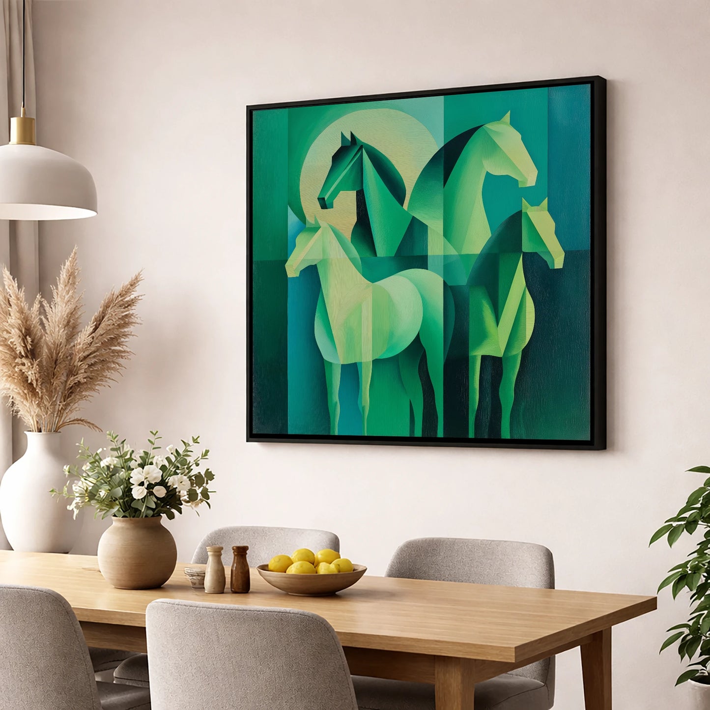 Emerald Herd Harmony wild horses wall art displayed in a dining room