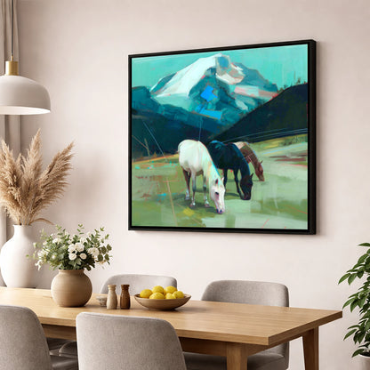 Teal Mountain Pasture horse landscape wall art displayed in a dining room