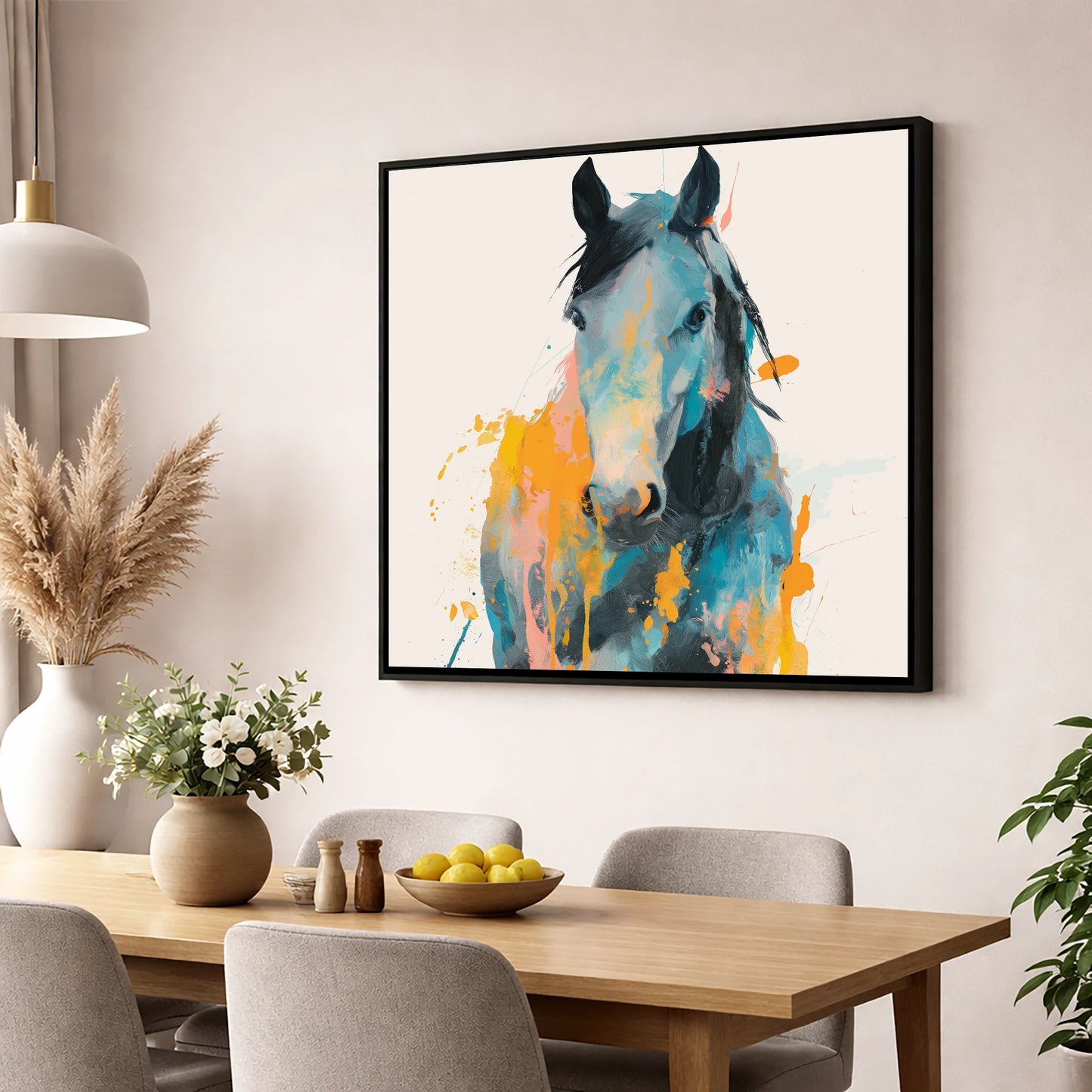 Teal and Amber Gaze horse portrait wall art displayed in a dining room