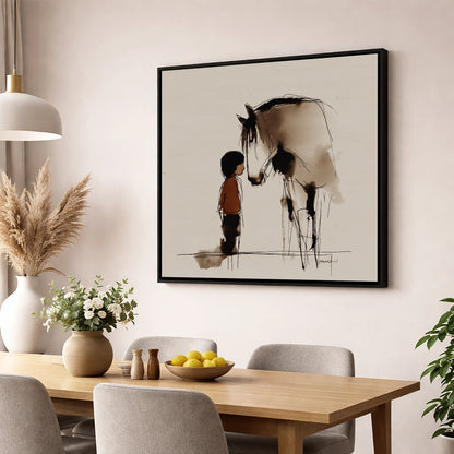 A Quiet Connection horse & rider wall art displayed in a dining room
