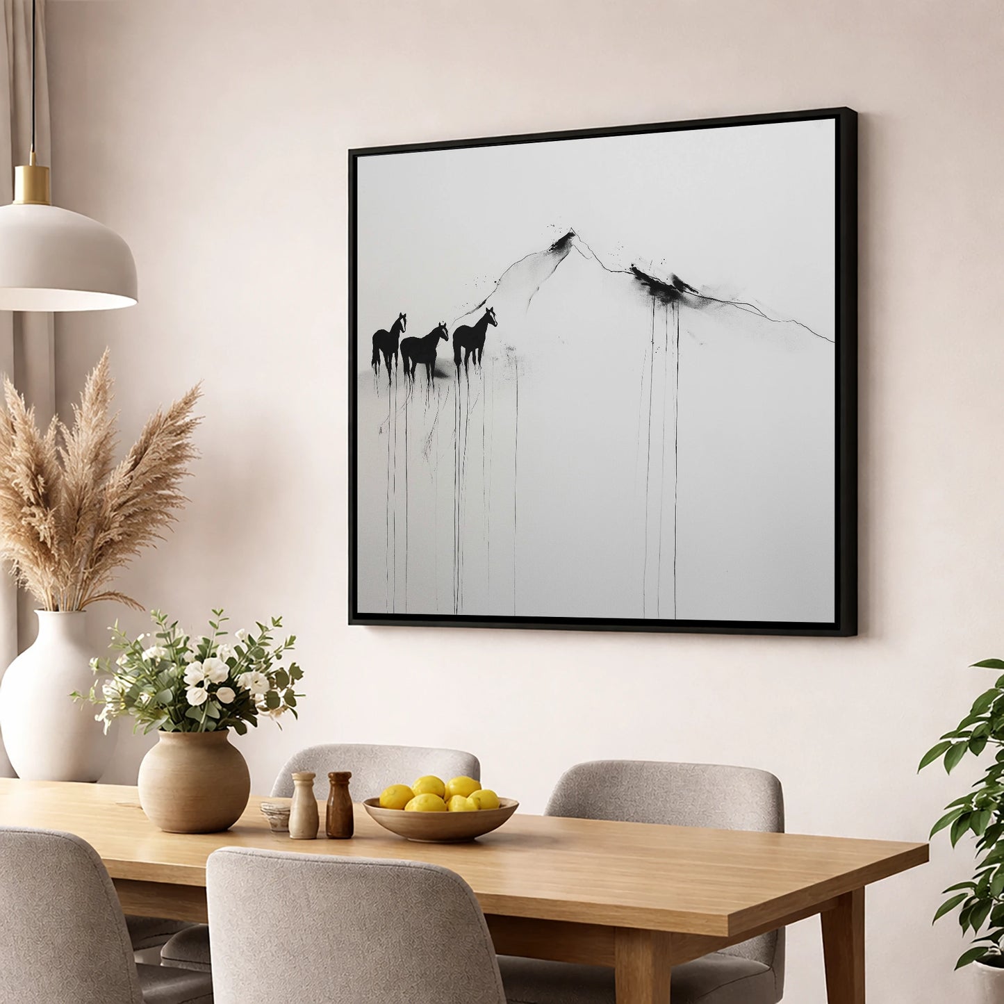 Alpine Solitude horse landscape wall art displayed in a dining room