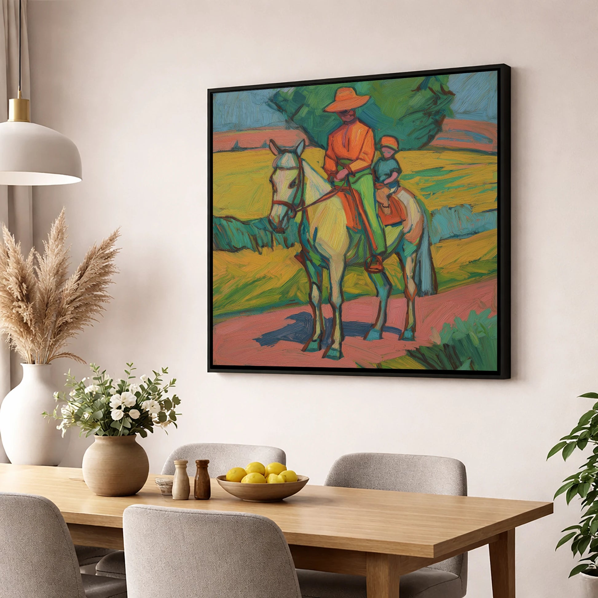 Vivid Summer Companion horse & rider wall art displayed in a dining room