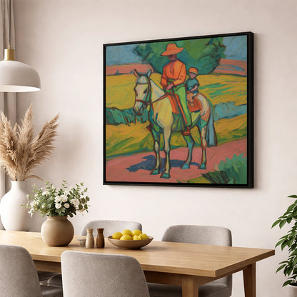 Vivid Summer Companion horse & rider wall art displayed in a dining room