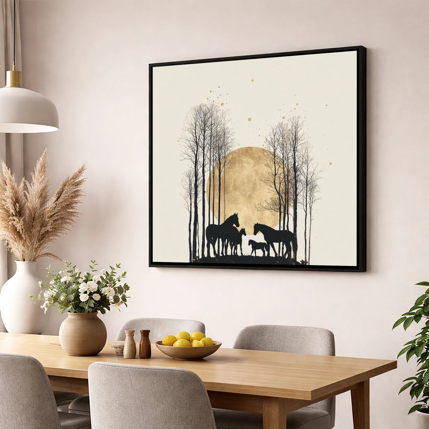 Moonlit Forest Clearing horse landscape wall art displayed in a dining room