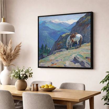 Alpine Trail Halt horse landscape wall art displayed in a dining room
