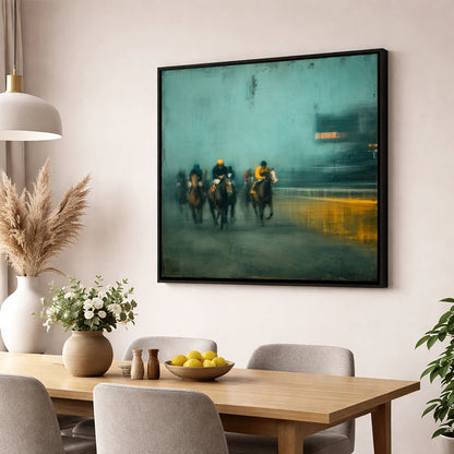Thundering Through The Mist racing horse wall art displayed in a dining room