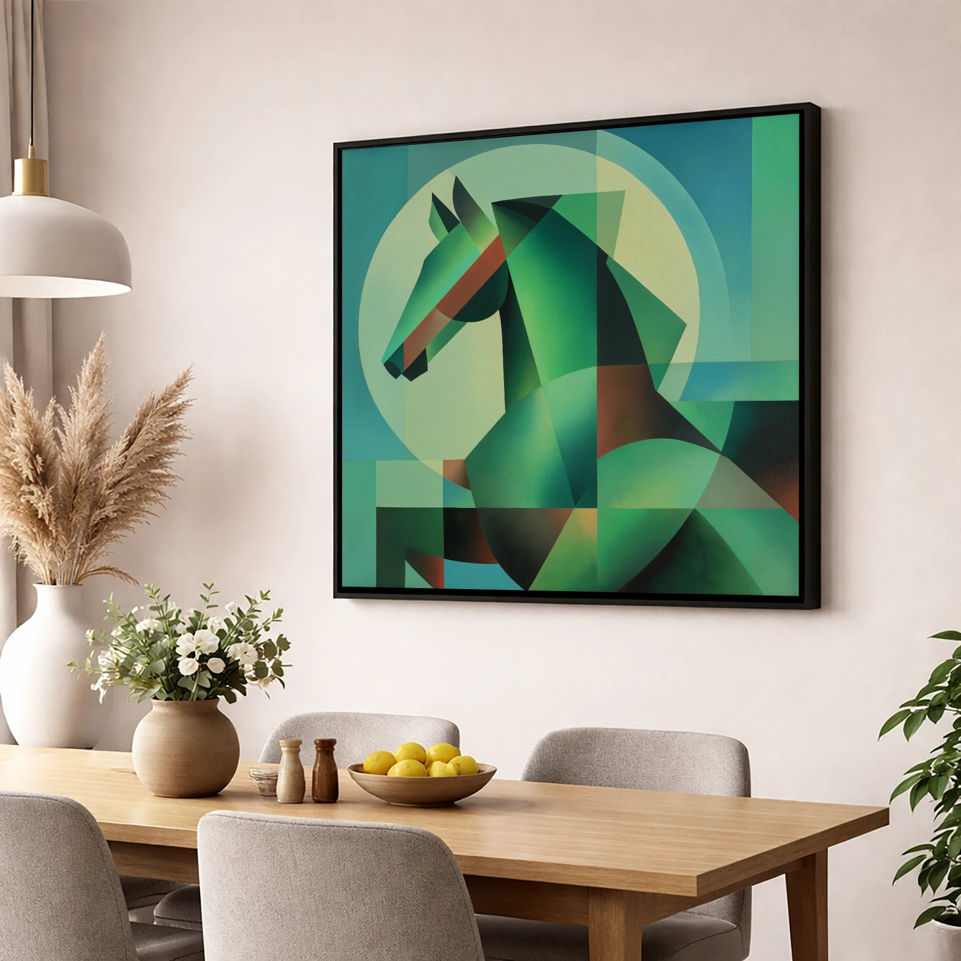 Geometric Emerald Profile horse portrait wall art displayed in a dining room