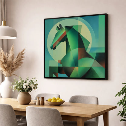 Geometric Emerald Profile horse portrait wall art displayed in a dining room