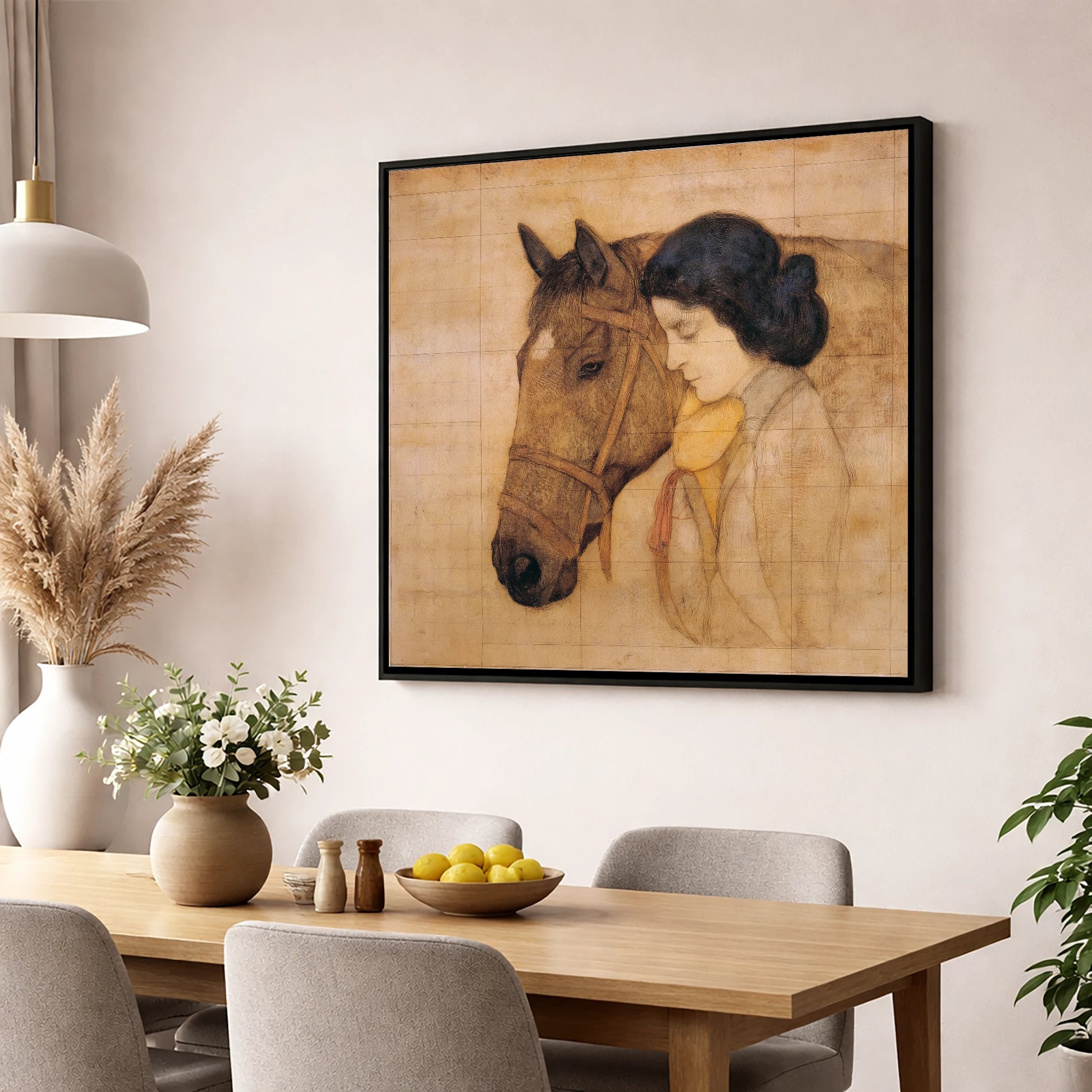 The Silent Bond horse & rider wall art displayed in a dining room
