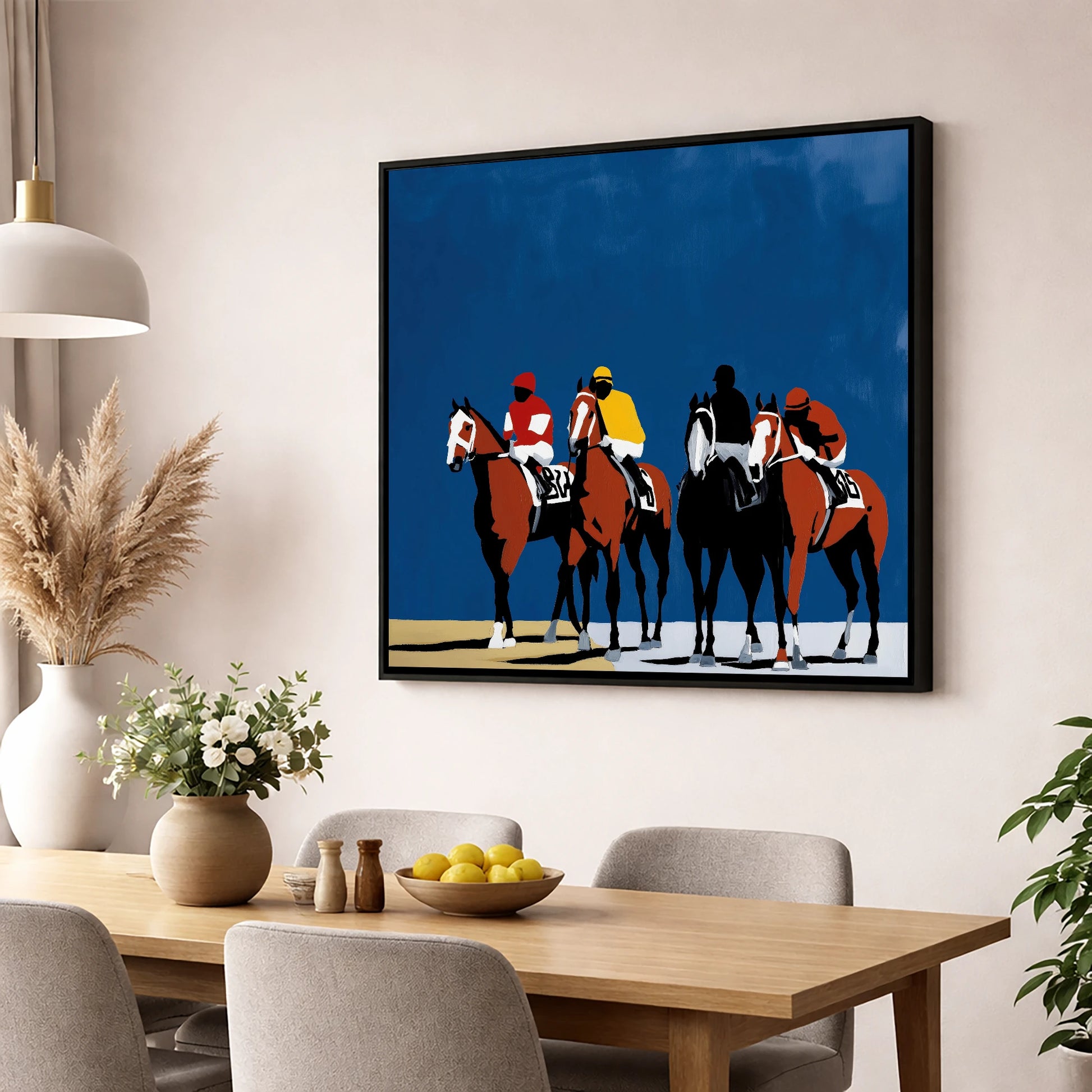Bold Silks Under Blue racing horse wall art displayed in a dining room