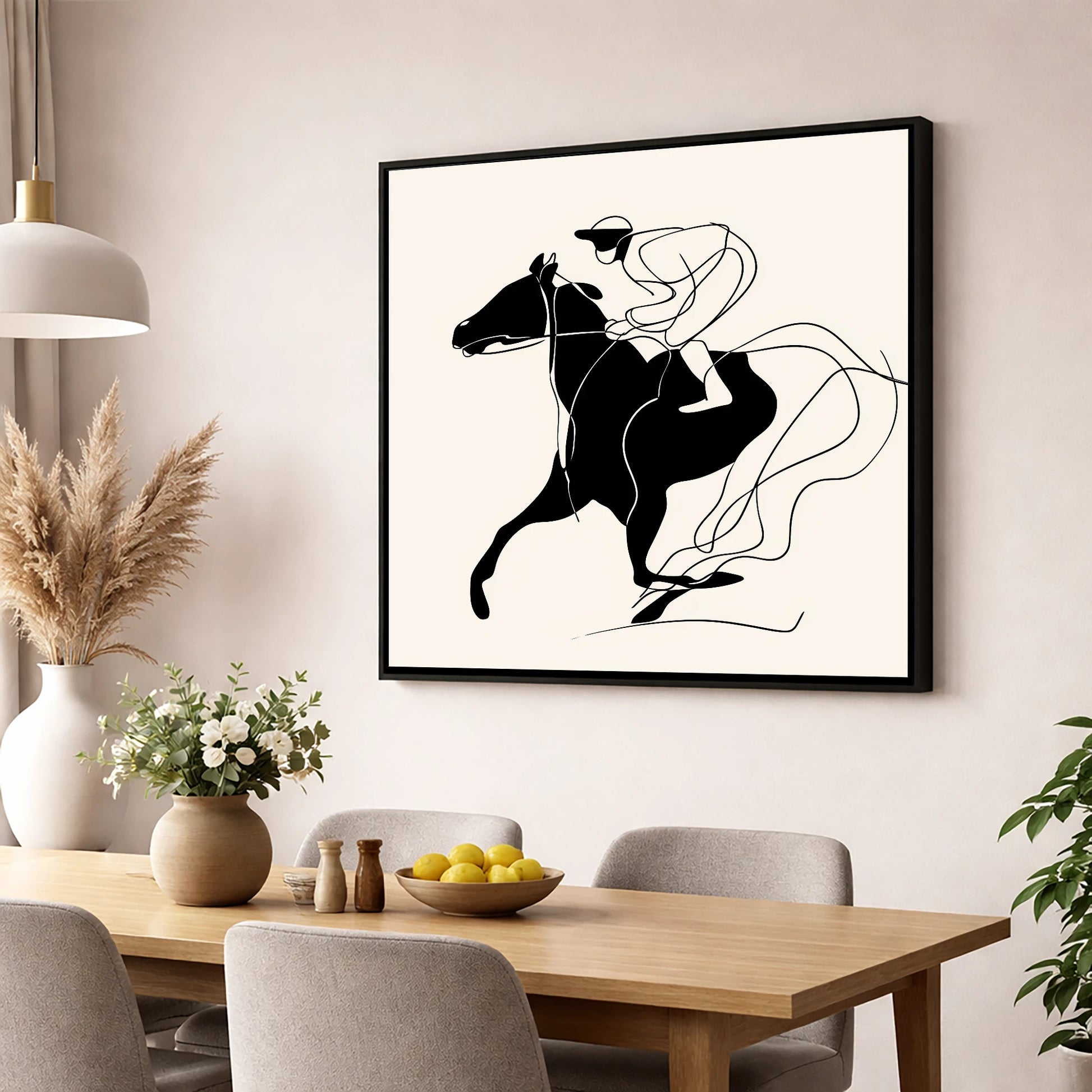 Fluidity in Motion racing horse wall art displayed in a dining room